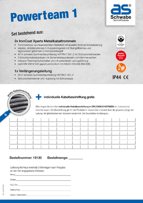 Powerteam 1 Kabeltrommel-Set mit individueller Beschriftung